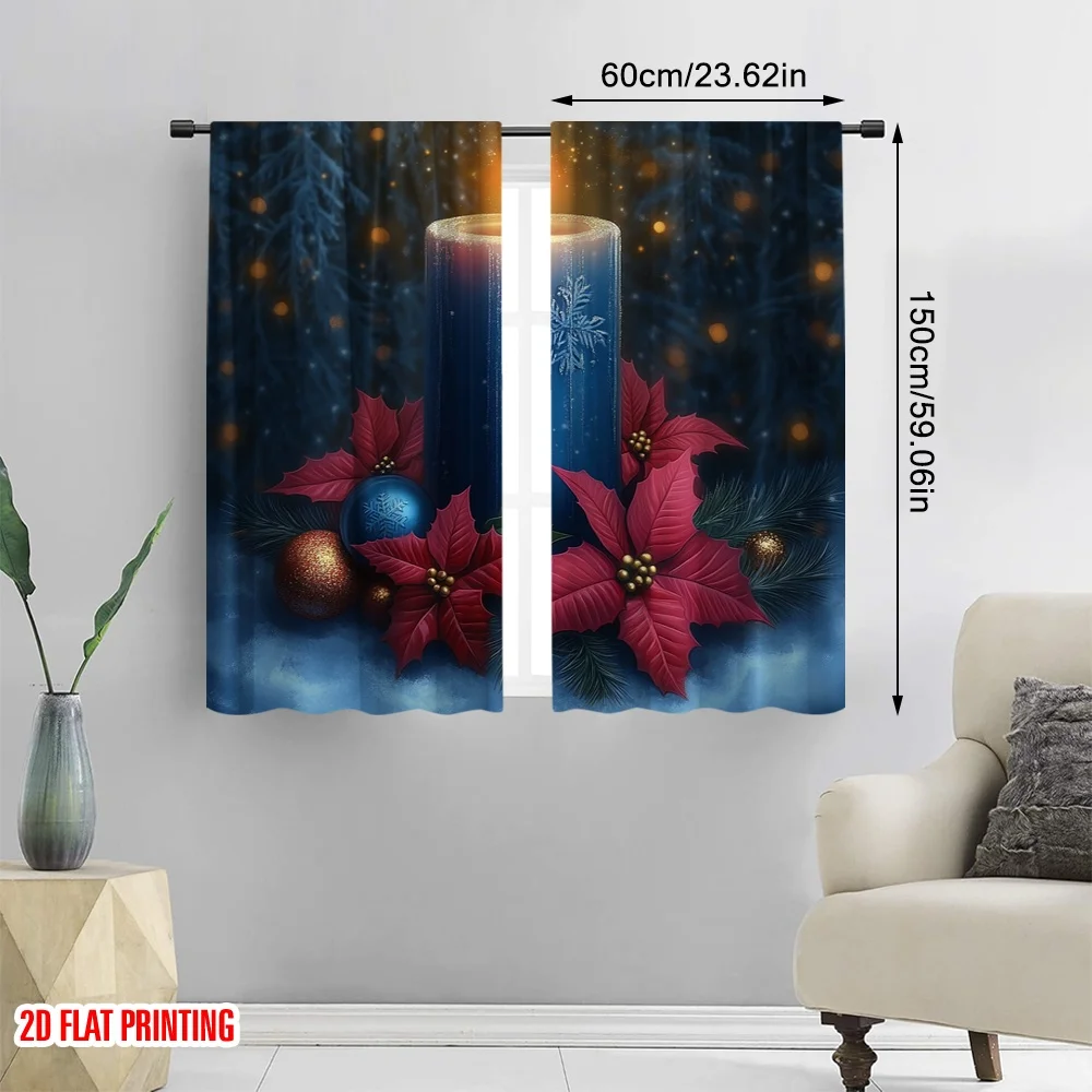 2pcs,2D plane printing Window Curtain Blue Candle Poinsettia Christmas Ornaments (3) Polyester Fabric (without rod) Versatile