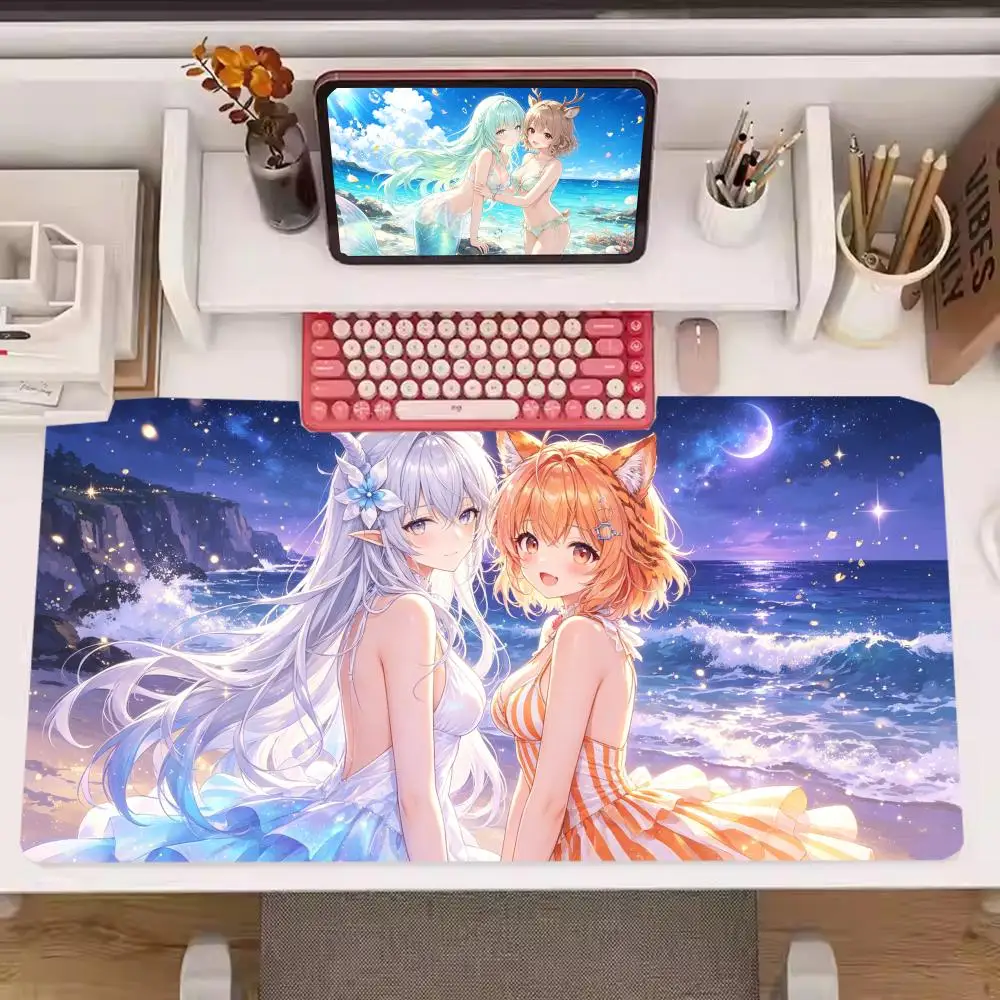 Japanese summer night long gaming mat mermaid & cat ear bikini girls moon coast scene  anti-slip dual-use desk & mouse pad