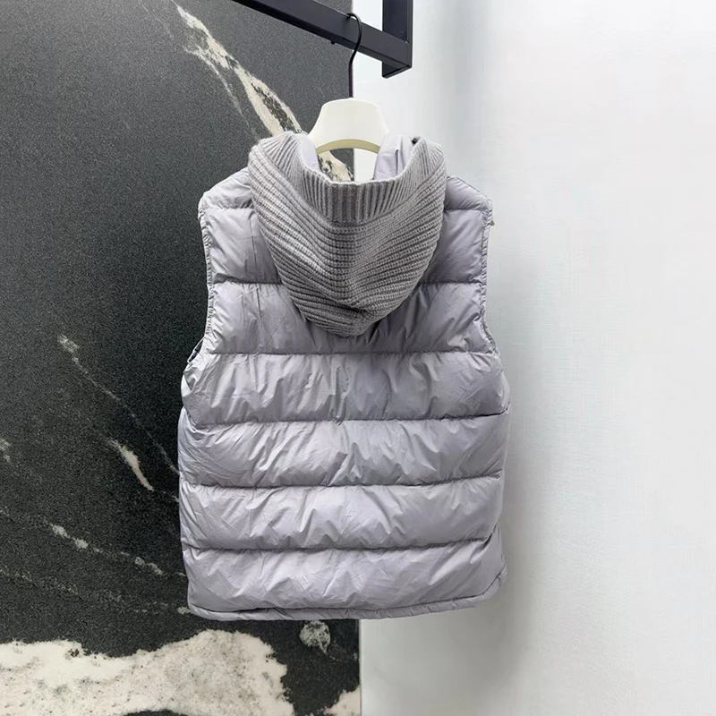 Ladies' wool patchwork hooded down vest, fashionable and versatile sleeveless jacket, high-quality warm top, autumn and winter,