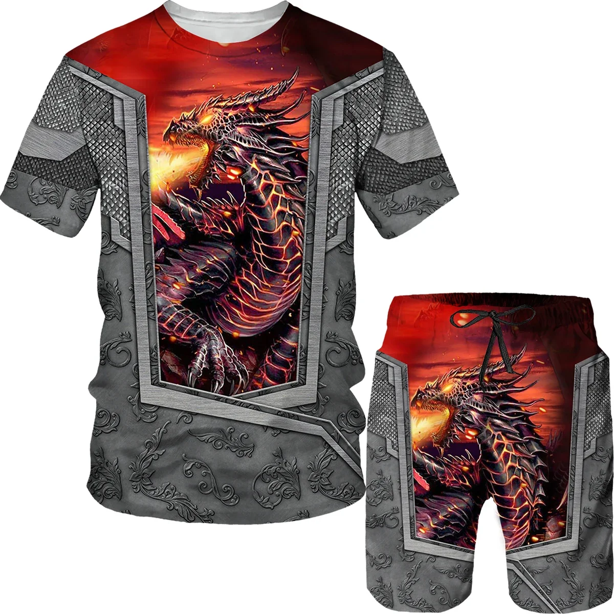 New Dragon Pattern 3D Printed Men\'s T-shirt Set Summer Casual Round Neck T-shirt Shorts Two Piece Set Fashion Men\'s Wear Trend