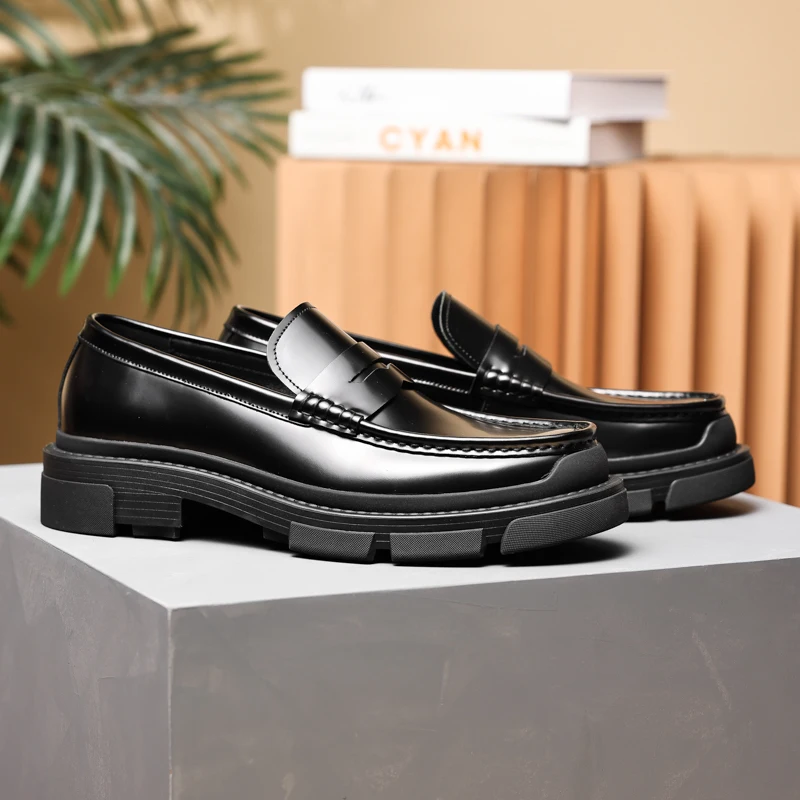 Platform Round Toe  Black Loafers Shoes Genuine Leather Casual Shoes