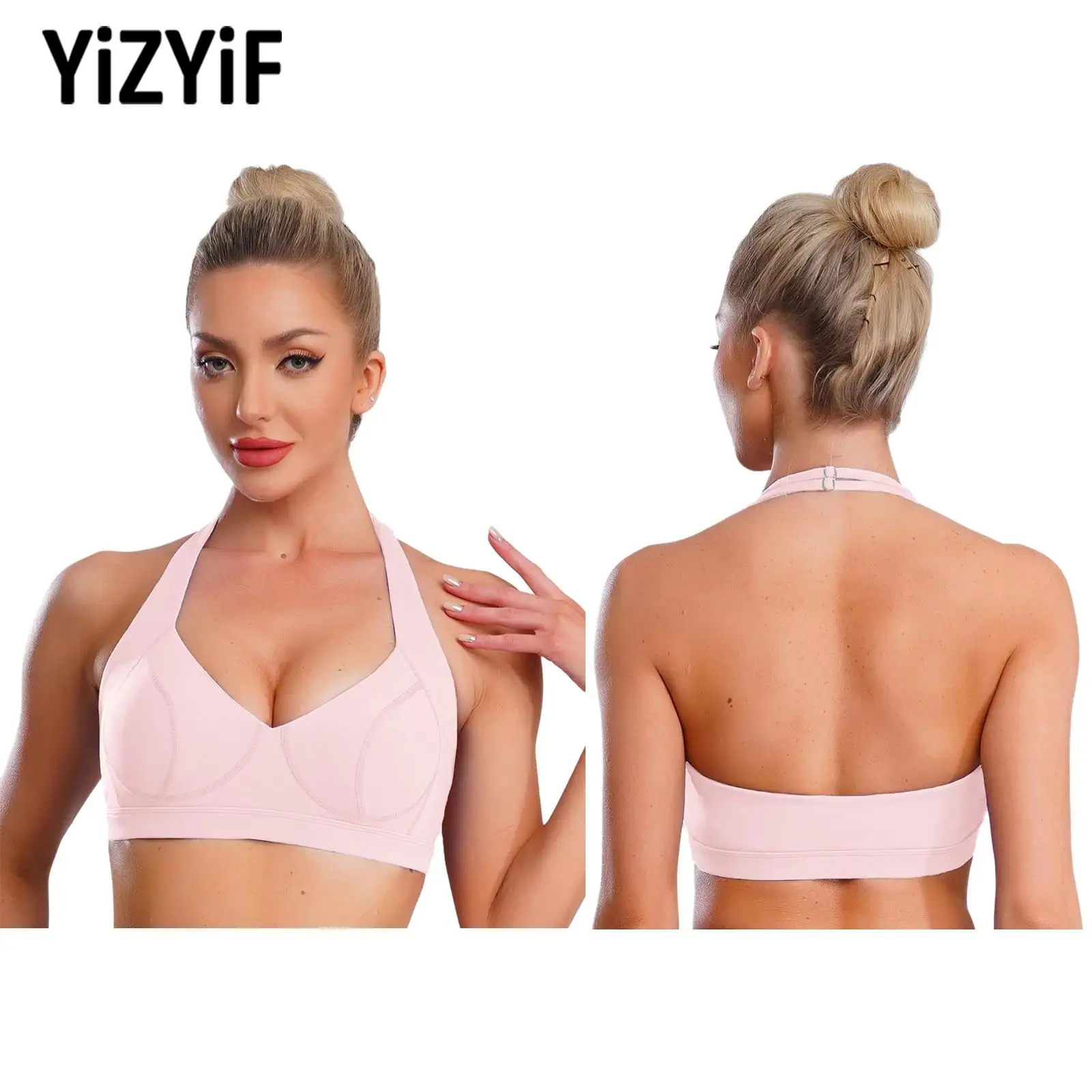 

Sexy Womens Top Adjustable Halter Padded Sports Bra V-Neck Backless Soft Moisture-Wicking Athletic Tops Workout Gym Yoga Clothes