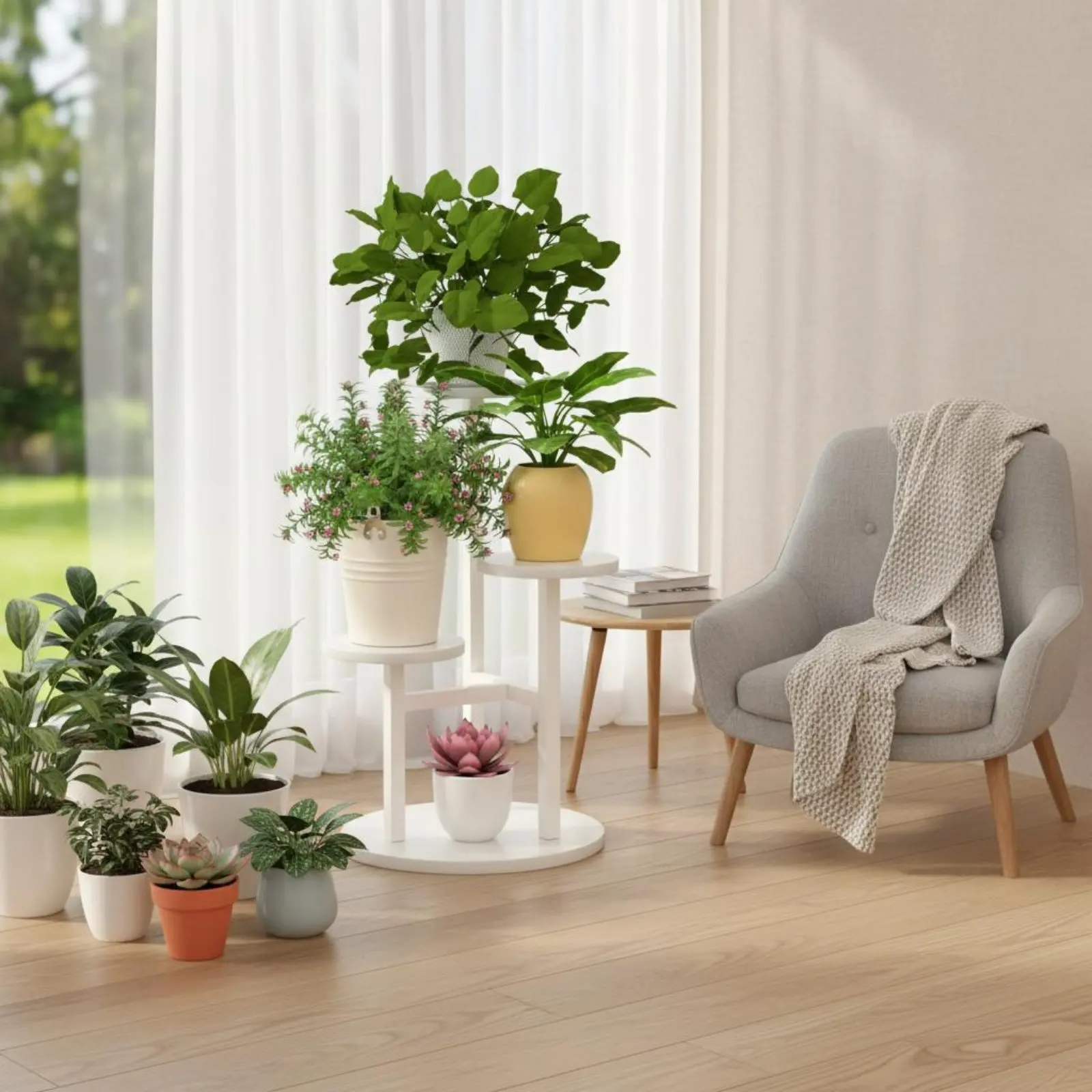 Floor Standing Plant Rack Nordic Design Multi-Level Flower Pot Holder Tall Planter Holder Space-Saving 4-Tier Plant Stand