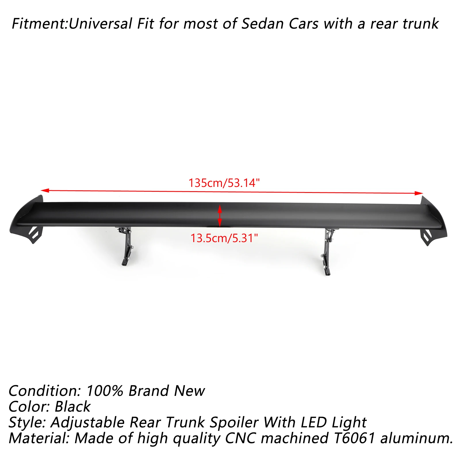 Areyourshop Universal Sedan Adjustable Aluminum Rear Trunk Wing Racing Spoiler With LED for BMW Porsche Nissan GTR