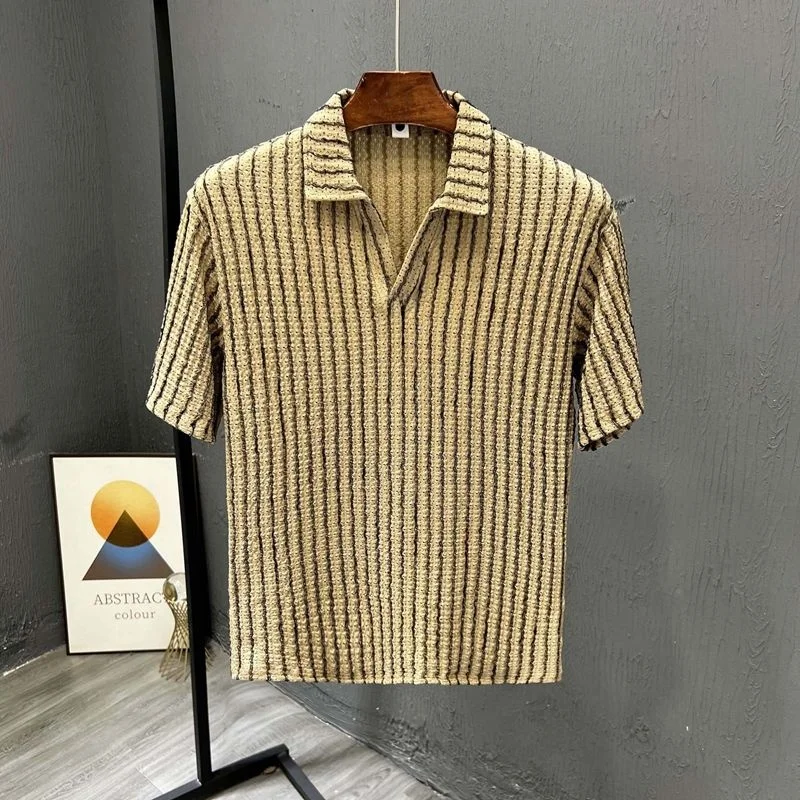 

Men's ort Sve irt V-Ne Striped Faion Brand T-irt Breathable Polyester Fiber Artistic Sle Spring Summer