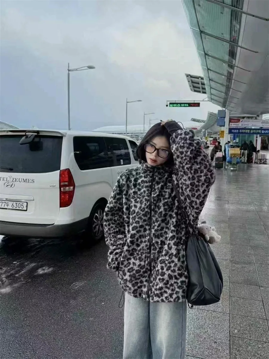 

Retro Leopard Print Plu Zipper Coat Women's Loose Fit Stand Collar Casual Sle Long Sve Winter Outerwear