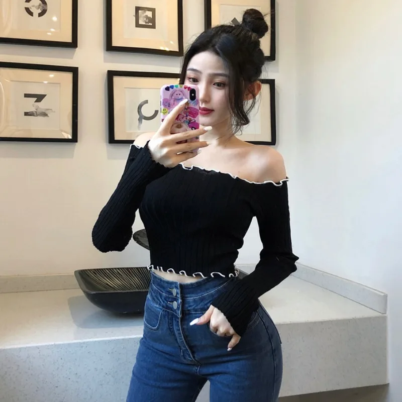 Ruched Slash Collar Sweater Pullover Girls Sexy Off Shoulder Knitted Jumpers Femme Crop Tops Spring Autumn