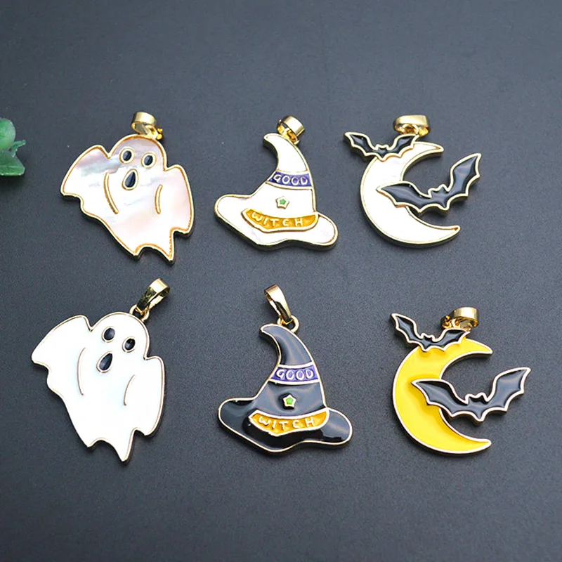 

10pc New Design Halloween Hat Ghost Moon Bat Enamel White Shell Metal Charm Necklace Pendants Jewelry Making Materials