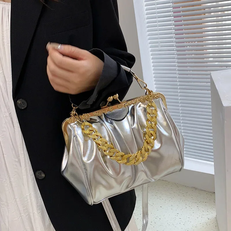 Brand Women Chain Shoulder Bags Kiss Lock Shell Clip Lady Silver Blue Green  Pu Leather Handbags And Purse Ruched Crossbody Bags