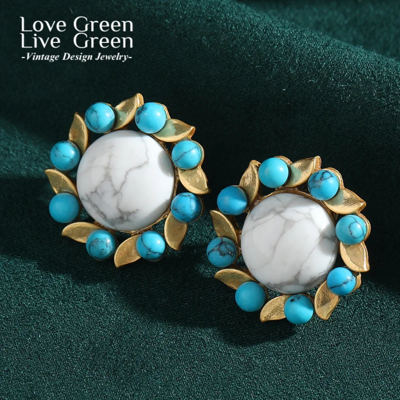 

Vintage Natural White Turquoise Earrings Blue Antique Gold Color Flower Round Bohemian Jewelry Luxury High Quality Designer 2025