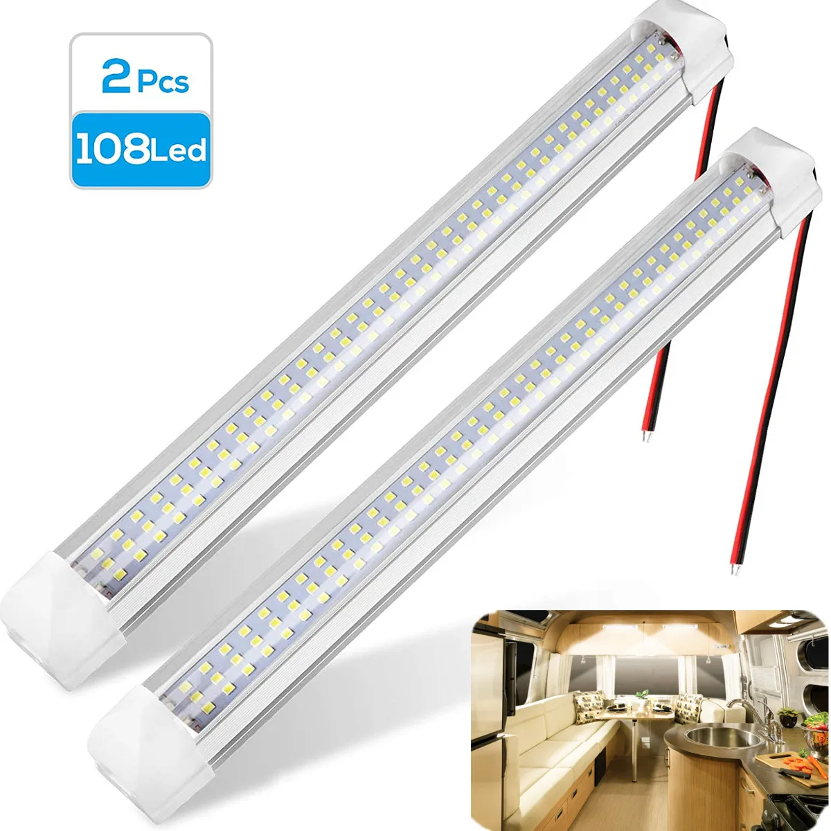 แถบไฟเก๋ง LED อเนกประสงค์2ชิ้น12โวลต์108พร้อมสวิตช์เปิด/ปิดสำหรับรถตู้รถตู้ RV รถบรรทุกเรือคาราวานรถบ้าน
