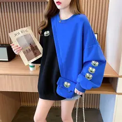 Junge Stil Streetwear Lose Beiläufige Solide frauen Kleidung Patchwork Tasche Druck Lange Hülse O-ansatz Pullover Sweatshirts