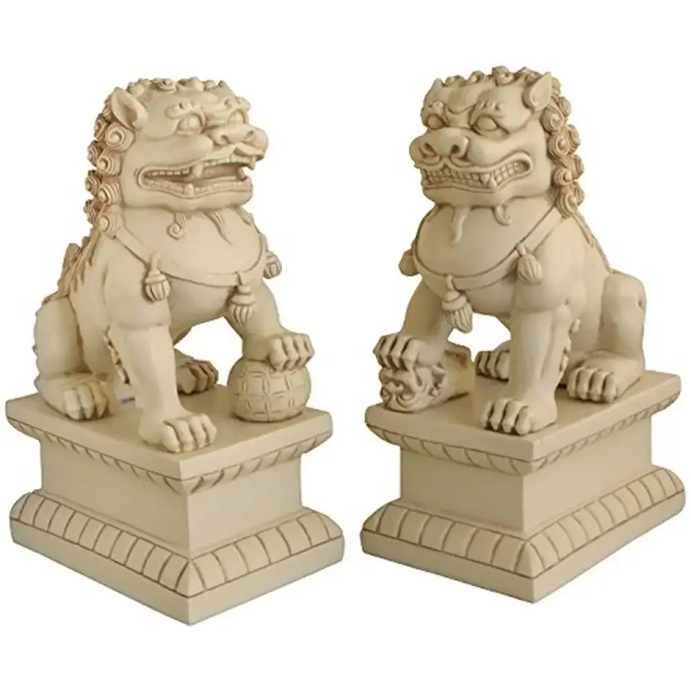 Asian Foo Dogs Guardian Lions Pair Statue Stone Finish Symbol Success Prosperity Indoor Outdoor Protector Guardian Decor 18in