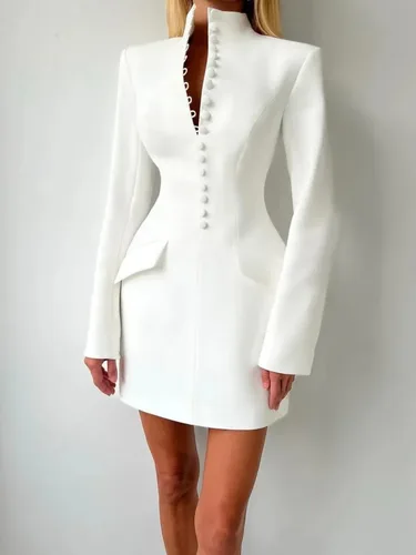 Imagen 2 del producto Blifanbo-minivestido elegante de manga larga para mujer, vestido ceñido a la moda con una hilera de botones, vestido de fiesta Sexy ajustado con parches lisos