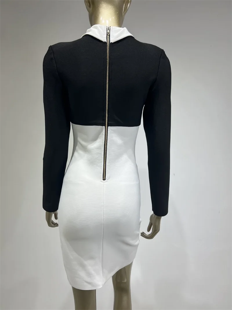 POLO Collar Metal Buttons Women Prom Dress High Waist Long Sleeve Bandge Dress White With Zipper Short Skirt New Design In Stock