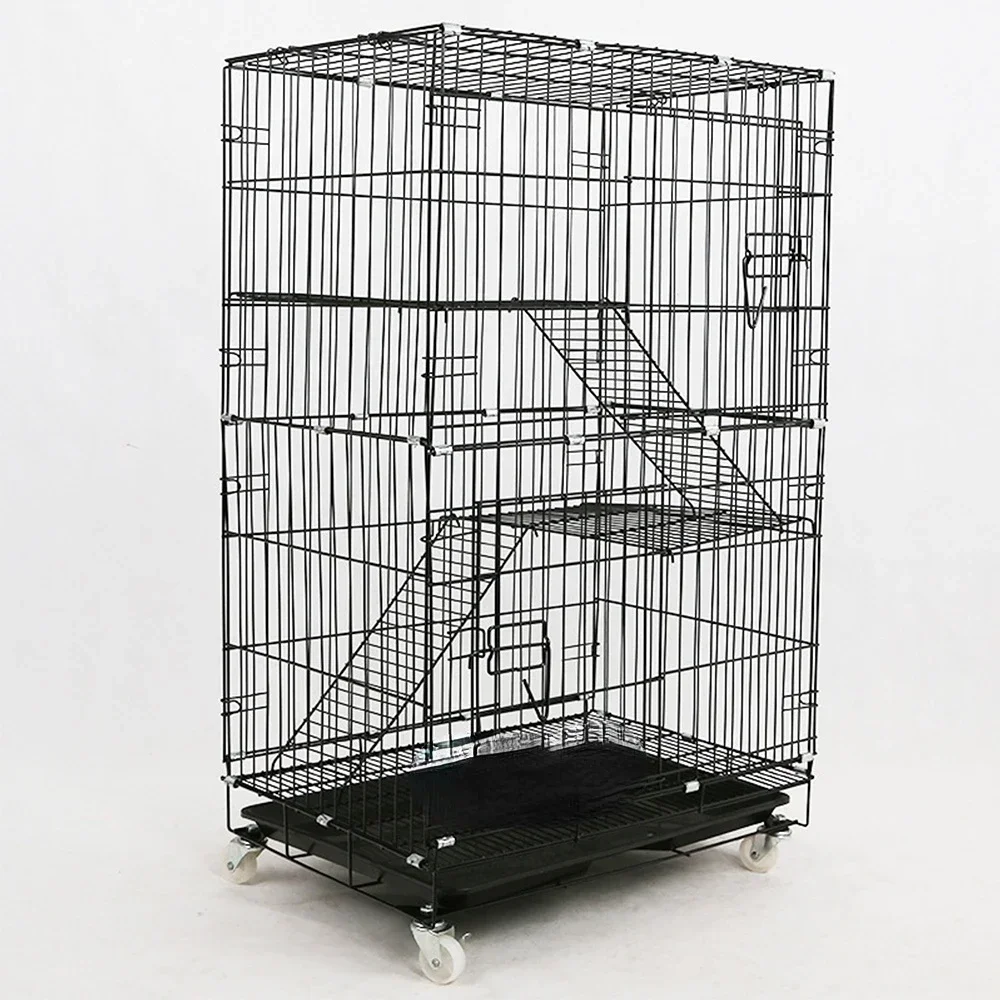 Folding Semi-Enclosed 3-Layers Stainless Steel Wire Pet Cages Breeding Cage Cat Cage With Plastic Tray Bottom