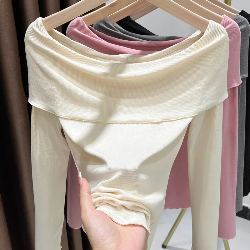 

KnitFemm Women's Modal Slim Long Sleeve Top - Soft Stretchy Off Shoulder Shirt Elegant Crew Neck Base Layer for Fall Winter