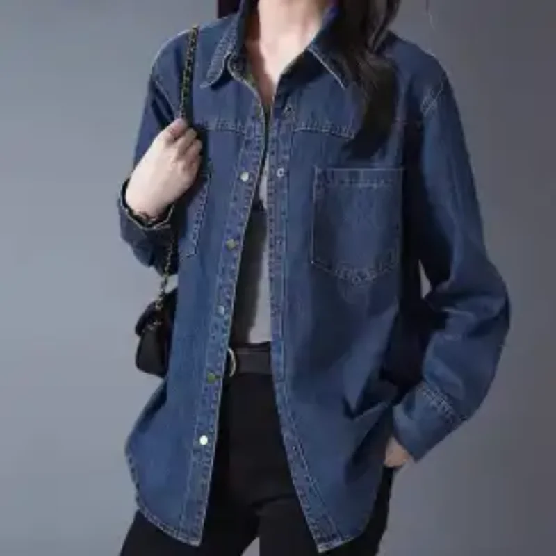 

Women Plus Size Blue Denim Shirt Loose Long Sleeve Casual Oversized Blouse
