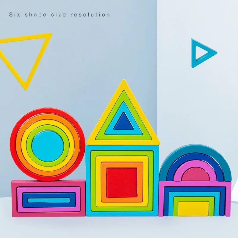 ของเล่นไม้เด็ก ตัวต่อทรงต่างๆ เกมทรงตัว ของขวัญเด็ก Montessori ของเล่นเรียงซ้อนสีรุ้ง ของเล่นเสริมพัฒนาการเรขาคณิต