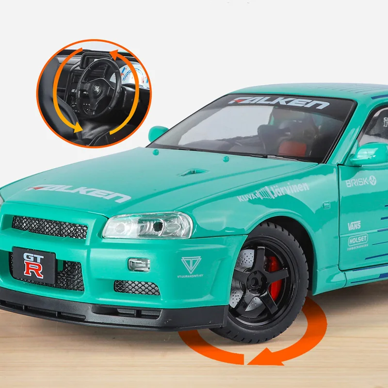 1:18 Skyline Ares GTR GT-R R34 pista de aleación modelo de coche deportivo Diecast Metal coche de carreras vehículo modelo sonido y luz niños juguete para regalo