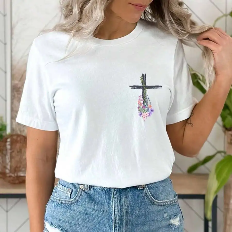 Easter Pocket He Is Risen Cross Print Women Casual Tee, Crew Neck Short Sleeve T-Shirt, Christian Faith Top For Jesus Lover Everyday Outfit