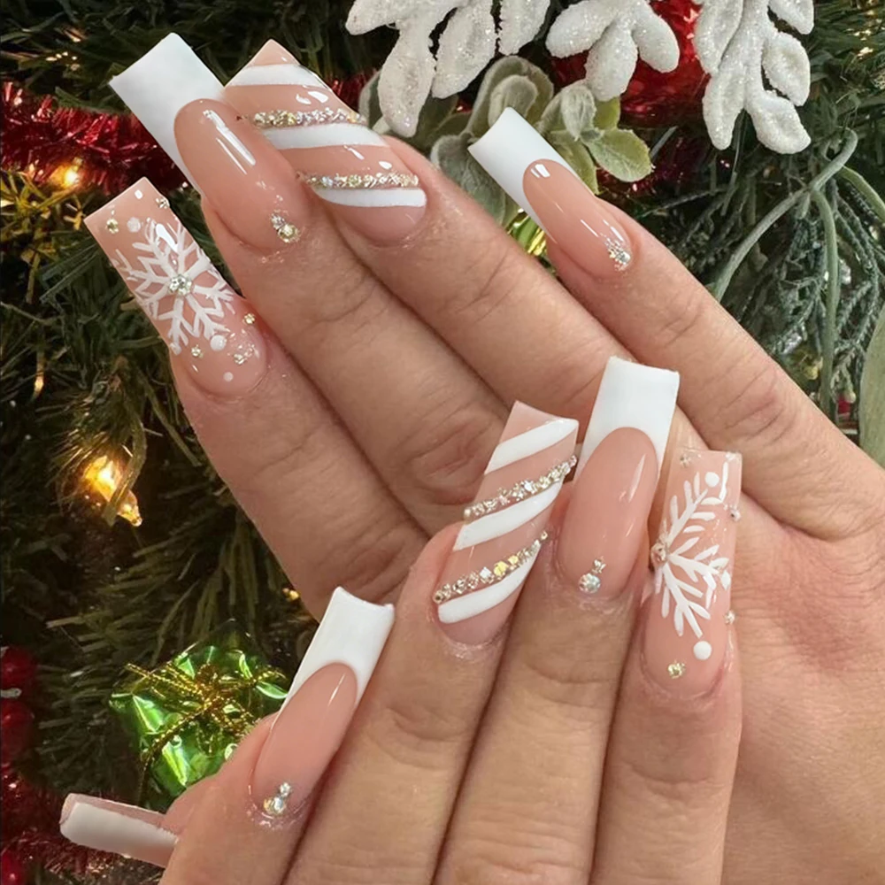 24 stuks lange ballet opdruknagels met vonkende strass steentjes winter witte sneeuwvlok ontwerp nepnagels Franse strepen kunstnagels *