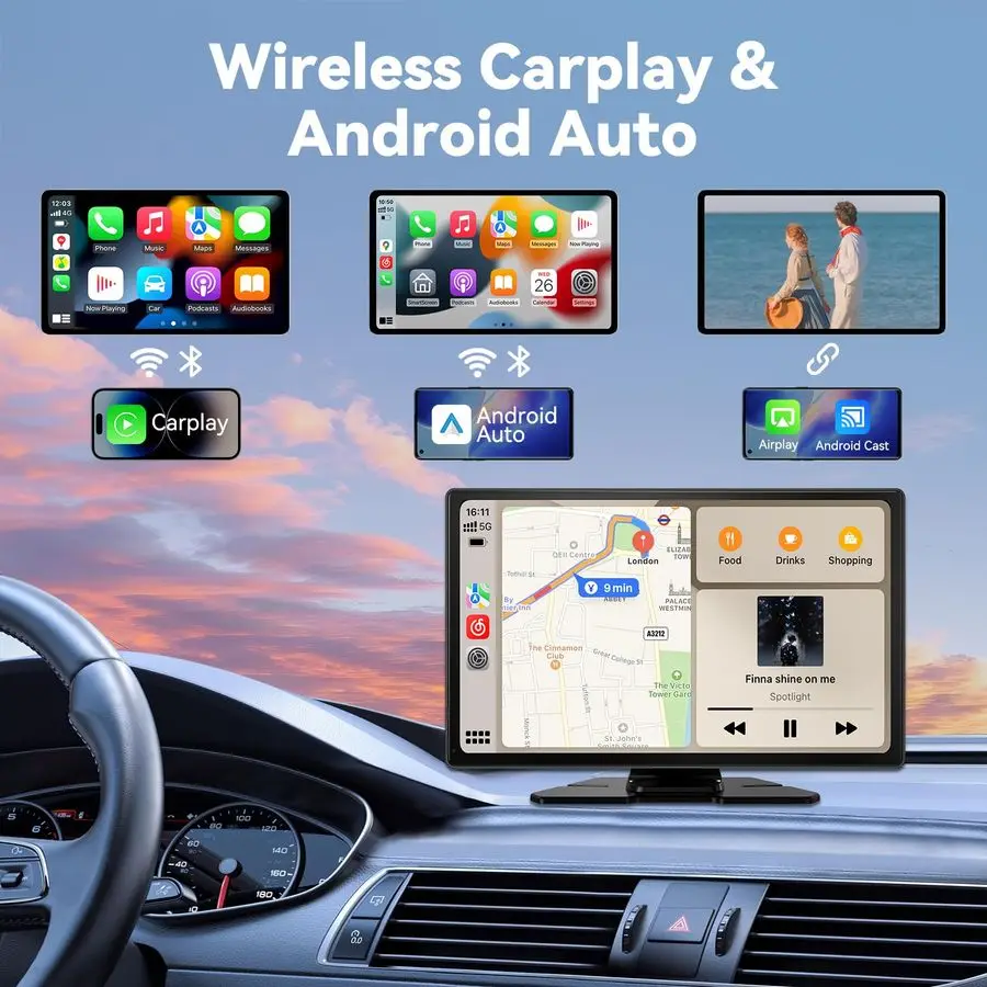 شاشة Carplay للسيارة، 9 شاشات أوتوماتيكية تعمل بنظام Android مع كاميرا داشكام بدقة 4K، شاشة Apple Carplay للسيارة مع كاميرا احتياطية 1080 بكسل، لين مرآة #3
