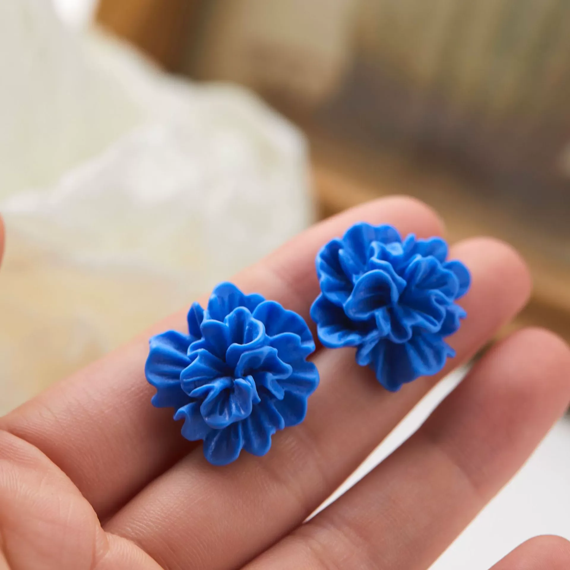 Blue Acrylic Big Flower Stud Earrings for Women Trendy Jewelry Bohemian Elegant Blooming Folded Petal Flowers Earrings Gifts