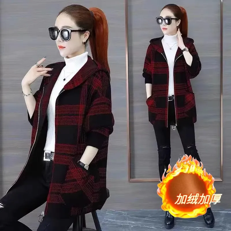 5XL Large Size Plush Thick Warm Coat Autumn Winter Women\'s Hooded Trench Coats Korean Loose Plaid Jacket Female Wild Zipper Tops