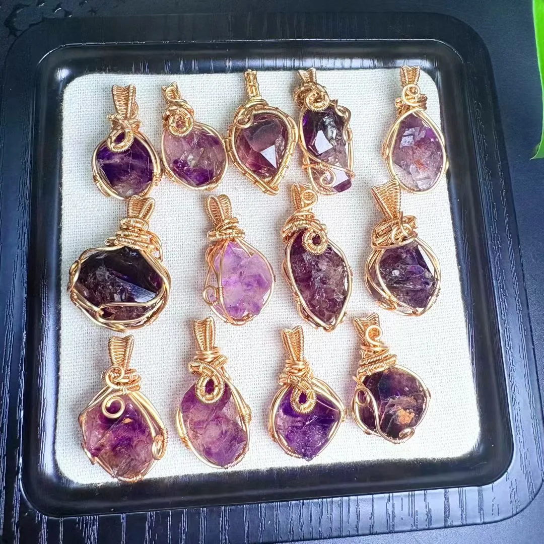 1 Pc Fengbaowu Natural Raw Super 7 Pendant Wire Wrapping Necklace Pendant Reiki Healing Stone Jewelry Gift Women Men