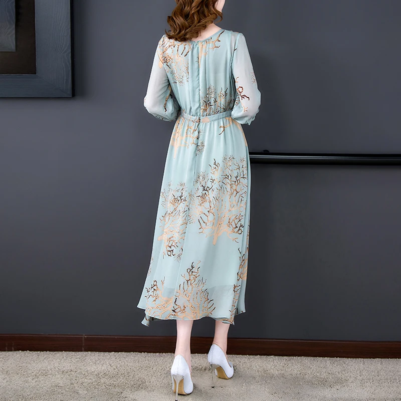 Summer Blue Floral Natural Silk Vacation Midi Dress Women Vintage Fashion Beach Prom Dress Korean Elegant Evening Vestidos