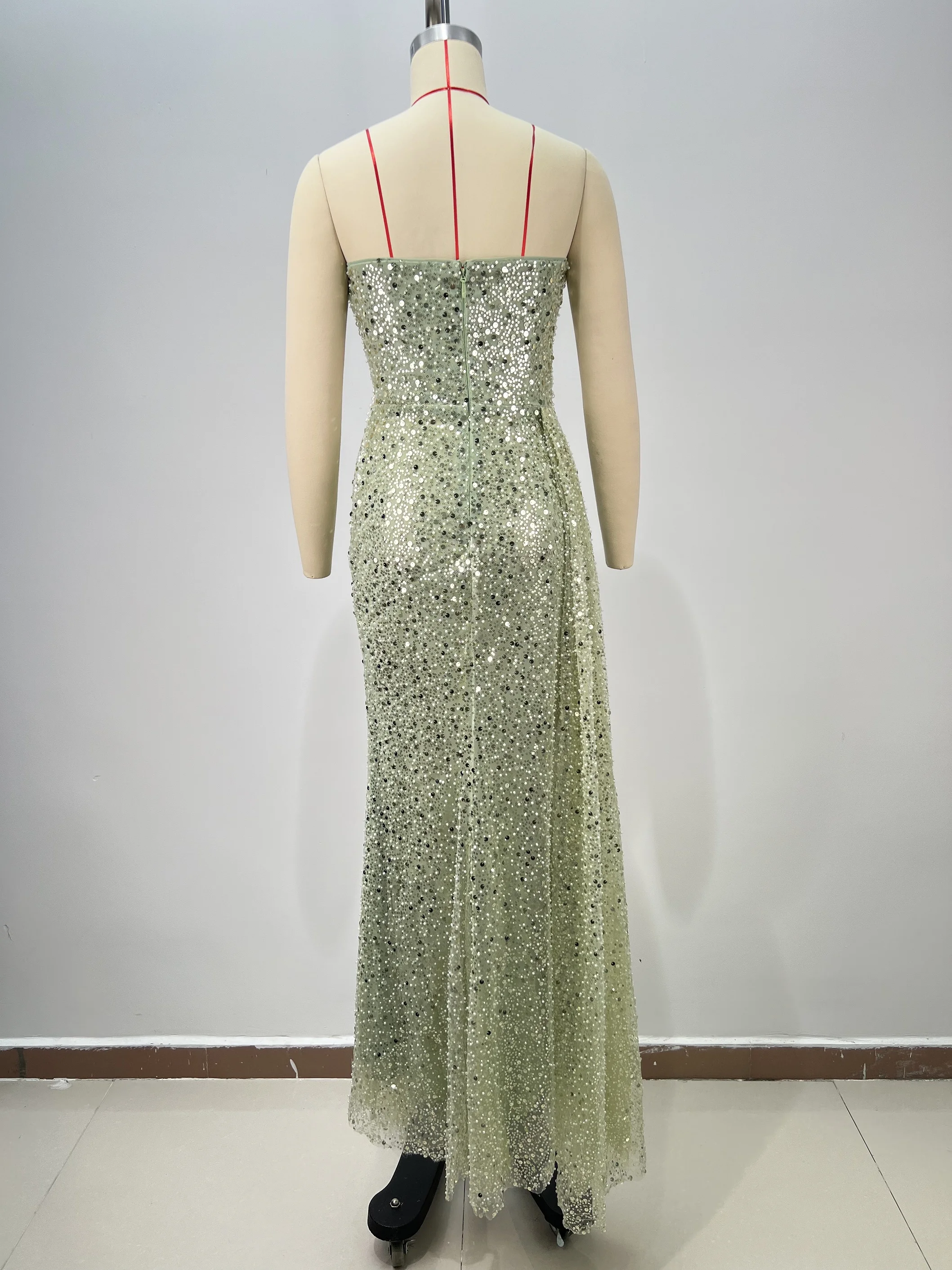 Women's Light Green Bandage Fishtail Gown Sheer Mesh Cutout with Crystal Beads Thigh High Slit Evening Gala Dress​