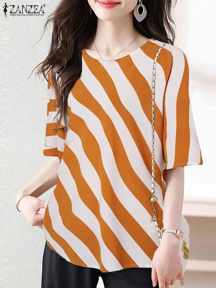 ZANZEA Korean Fashion Half Sleeve Blouses Women Elegant O Neck Striped Blusas 2024 Summer Casual Loose Tunic Tops Commute Shirts