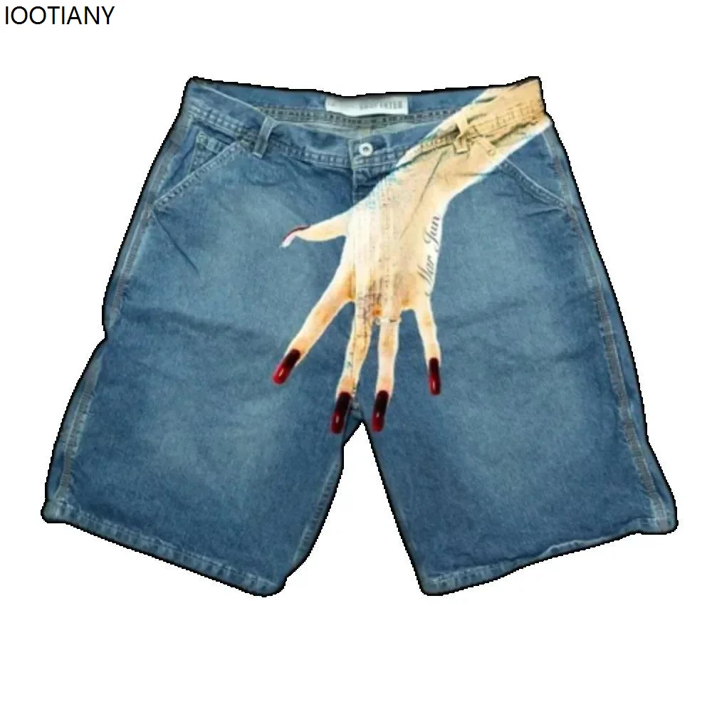 Shorts Women's Y2k Hand Printed Retro Loose Denim Shorts Street Trend Korean Short Harajuku Style Hip Hop Work Shorts Denim Blue