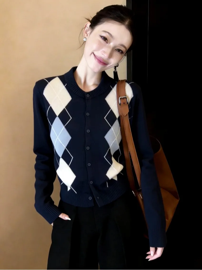 Retro Color Block Diamond Pattern Knitted Open Cardigan Women's Spring Summer Slim Fit round Neck Korean Style Top view 5