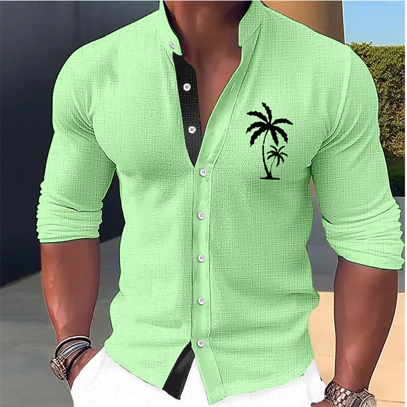 2023 Fashion Men\'s Muscle Sports Shirt Hawaiian Coconut Tree Bird Design Simple Soft Comfortable Men\'s Top Button Long Sleeves