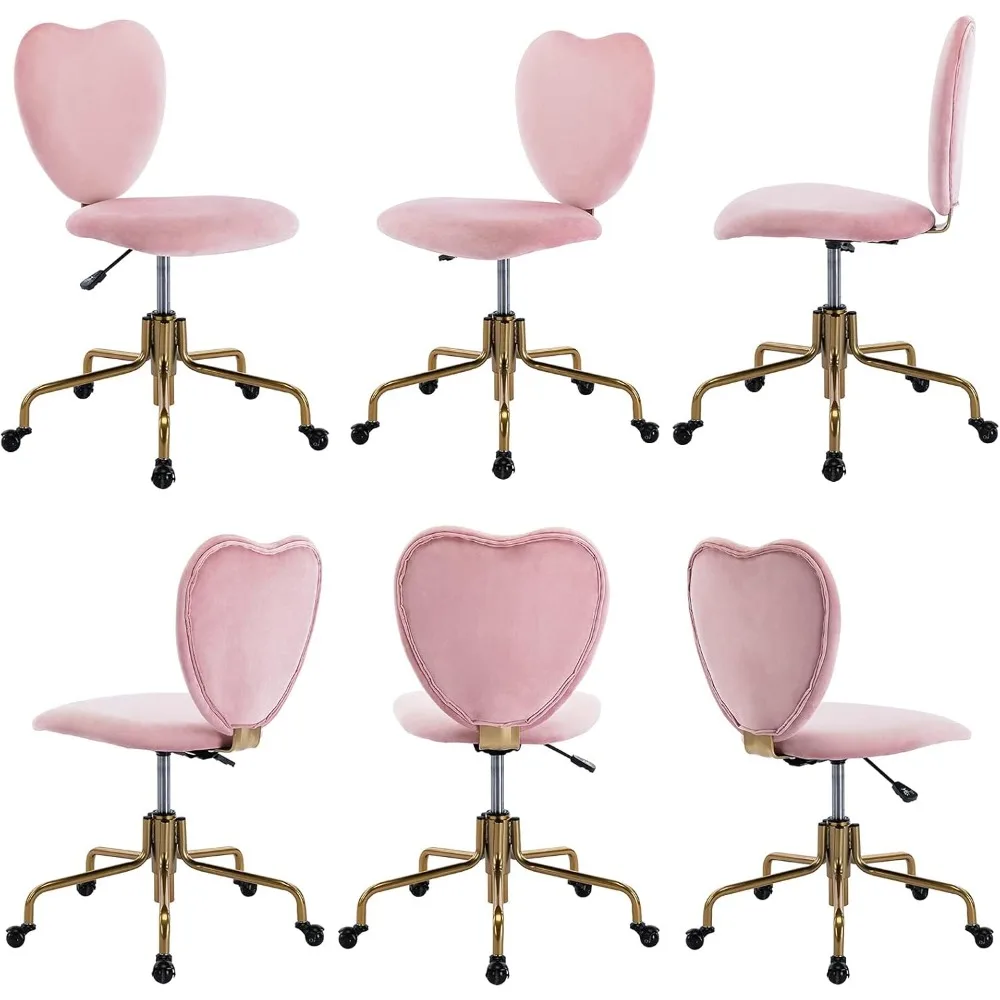 كرسي مكتب مخملي لطيف على شكل قلب وردي مع عجلات قابل للتعديل بارتفاع دوار كرسي زينة بدون ذراع منجد #6