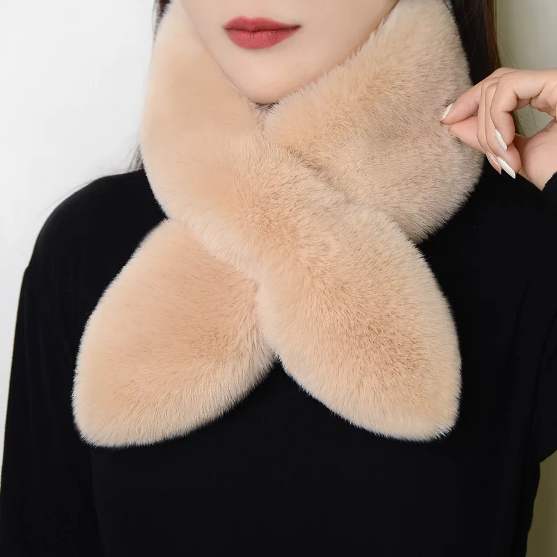 Winter Thicken Warm Cross Scarf Women Soft Faux Rabbit Fur Collar Neck Protection Shawl Solid Color Plush Wrap Warmer Scarves