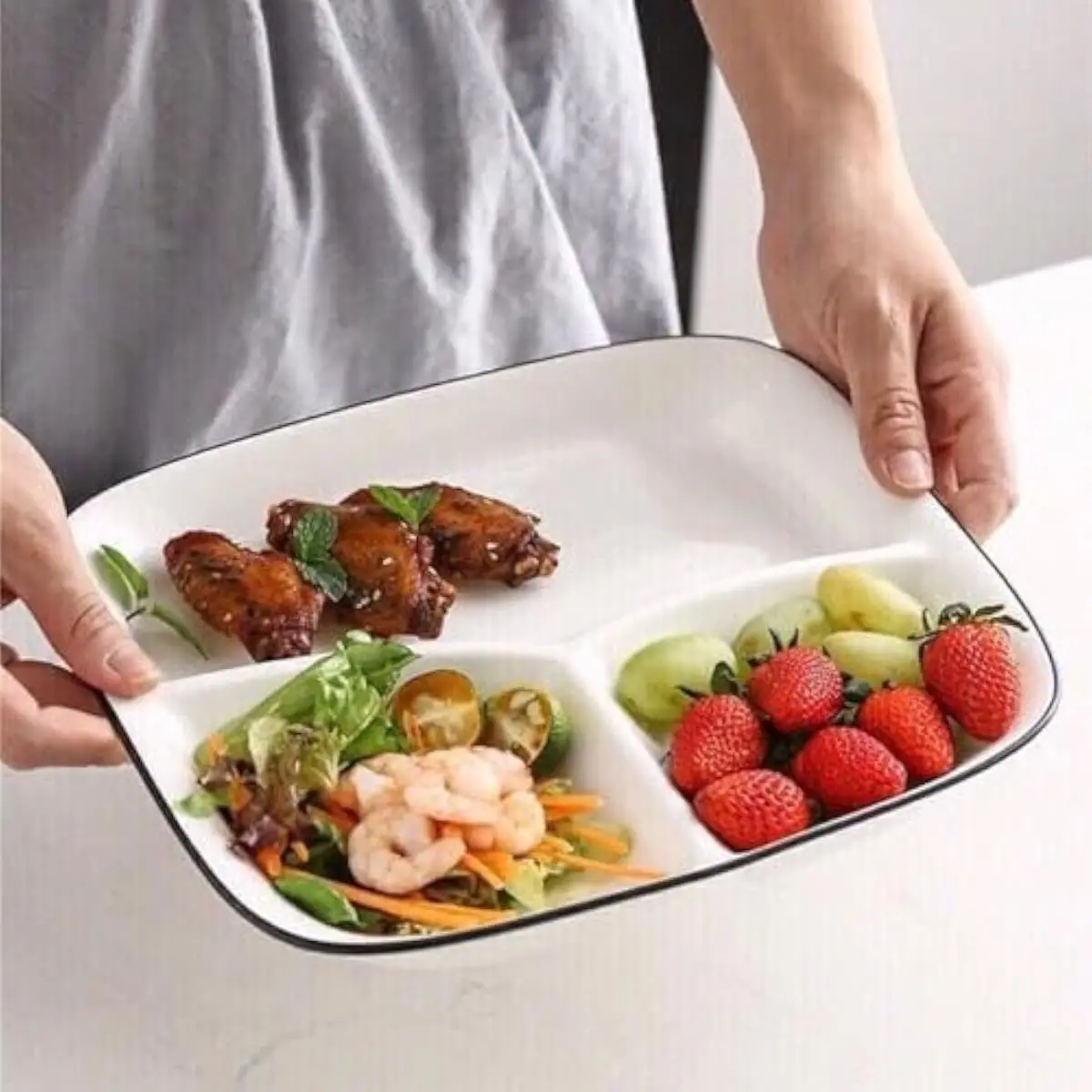 Ceramic Portion-Control Dinner Plate Set 2 pcs Square 9.9 Inch with Three Ergonomic Compartments Golden Ratio Layout Microwave D view 4