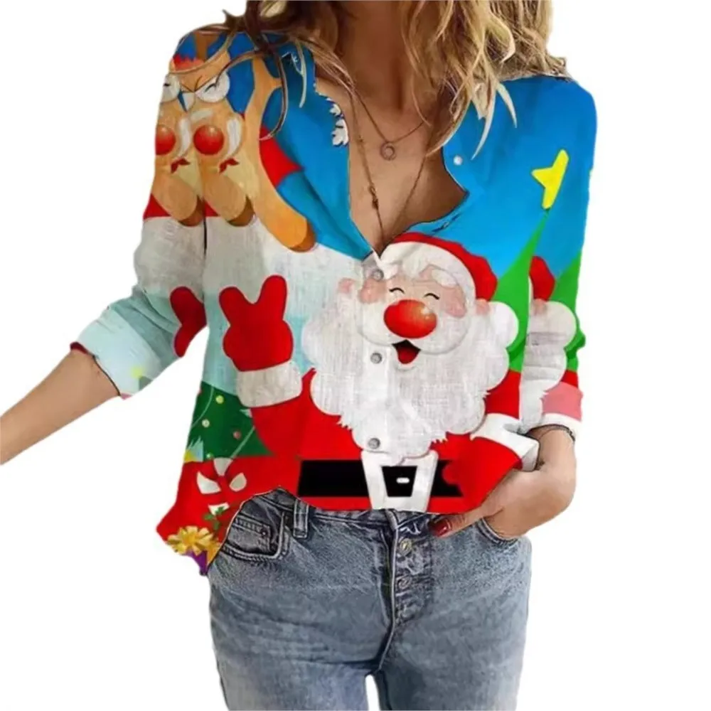 Autumn New Christmas Fashion Casual Shirt Digital 3D Printed Collar Personalized Women's Fashion Cardigan Blouses Femme Blusas