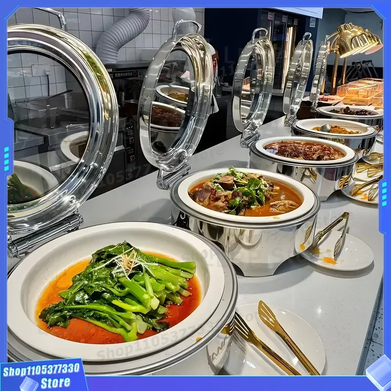 Commercial Stainless Steel Round Buffet Food Heater with Ceramic Inserts Hot Pot for Hotel Restaurant Catering Equipment