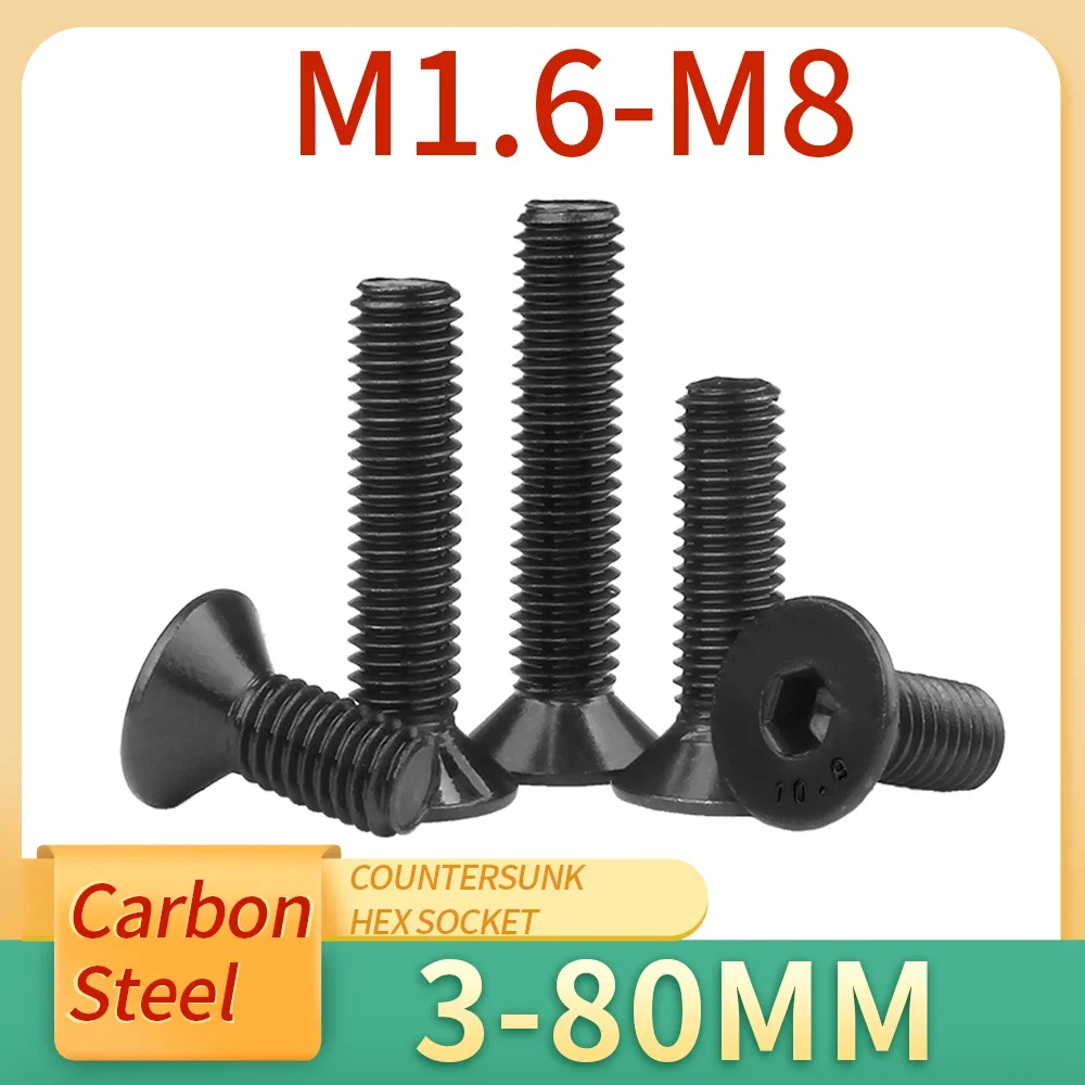 

1-50pcs M1.6 M2 M2.5 M3 M4 M5 M6 M8 Black Hexagon Hex Socket Head Flat Countersunk Allen Bolt Screw Grade 10.9 DIN7991