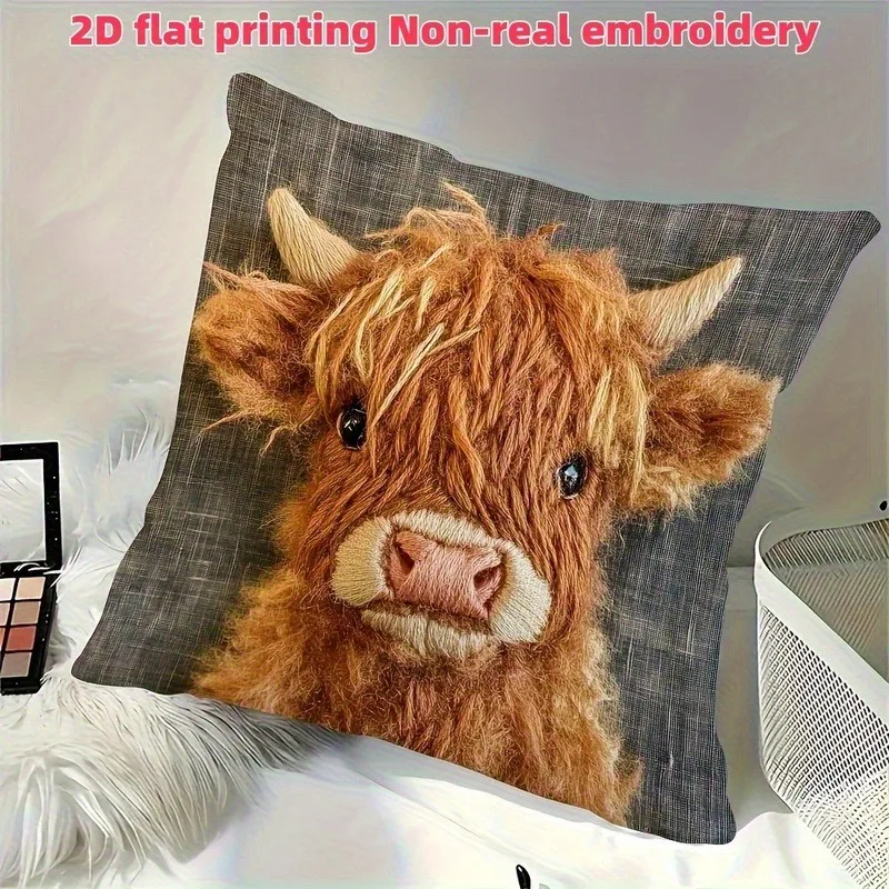 Unique Cow Face 2D Printing Double-Sided Pillow Cover, 1pc Non-real Embroidery Style Decorative Cushion Case for Sofa, Bed
