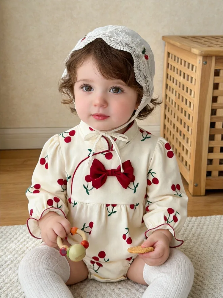 Cute newborn baby cherry print spring and autumn girl baby jumpsuit princess Bow Ha clothes Full Sleeve bag fart clothes