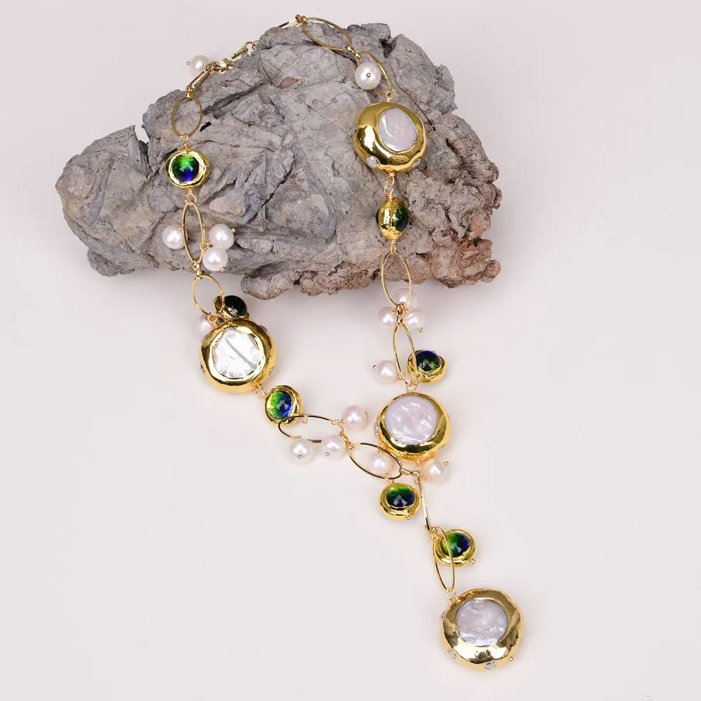 

GG Natural Freshwater Cultured White Keshi Pearl Blue Murano Glass Necklace For Women 21 "