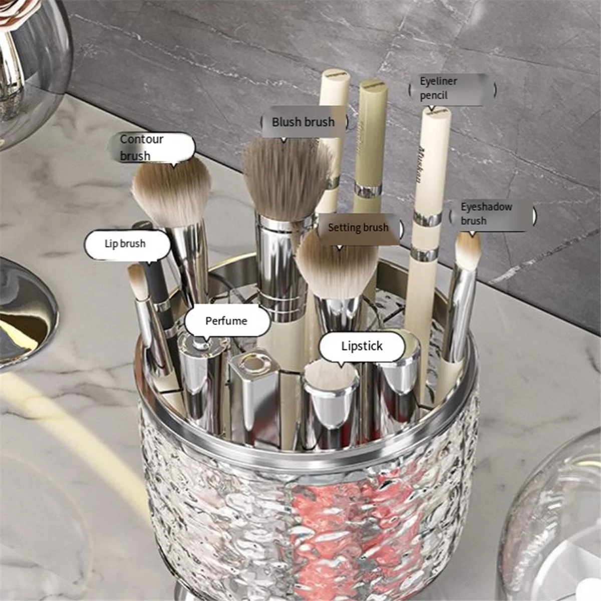 

L74A Makeup Brush Holder with Lid 360 Rotating Clear Dustproof Make Up Brushes Container for Vanity Desktop