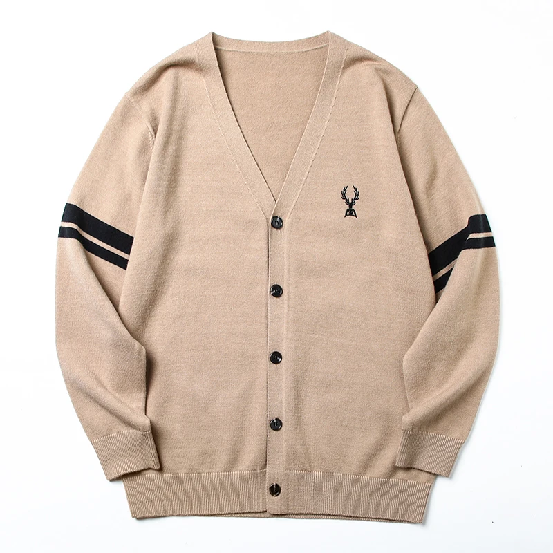 

High-End Designer Brand Men's Knitted Cardigan V-Neck Deer Head Embroidered Striped Sweater Coat Winter Business Warm Men's Wear