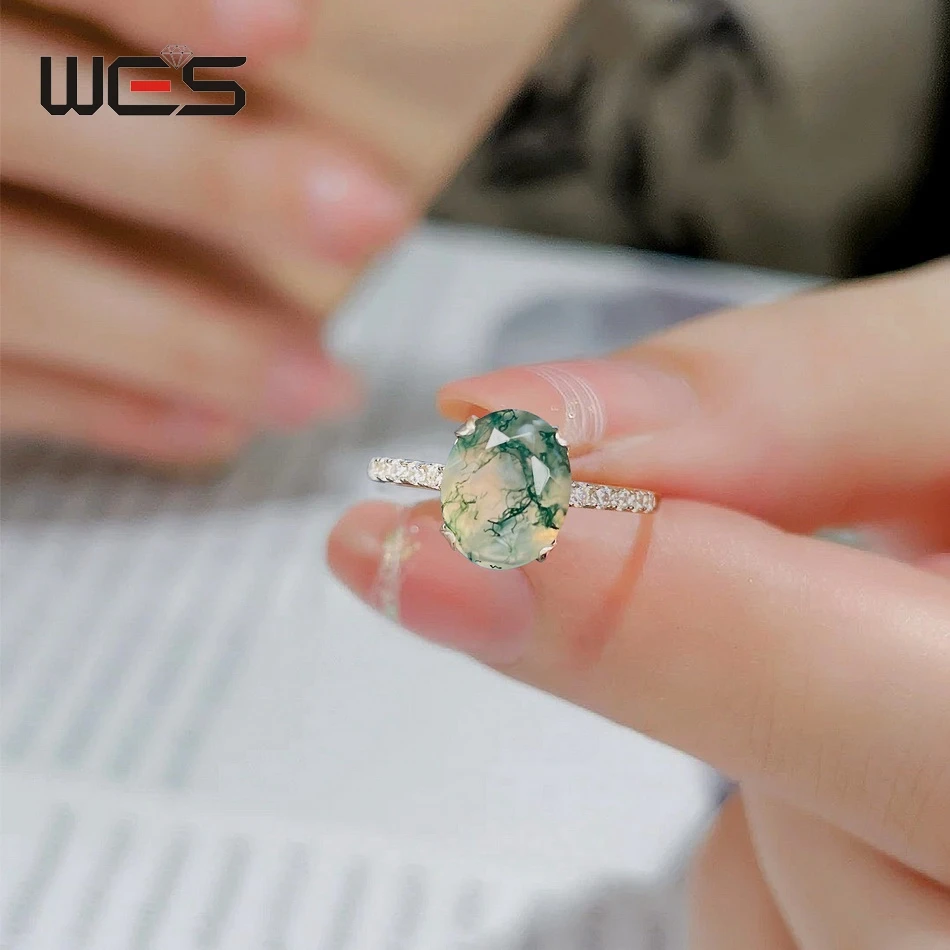 WES 925 Sterling Silver Natural Unique Green Moss Agate Ring for Woman Waterdrop Jewelry Wedding Gift Box Engagement Wholesale