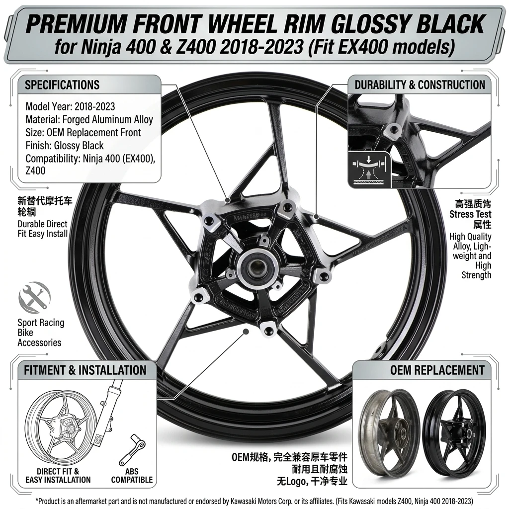 For Kawasaki Z400 EX400 Ninja 400 ABS Front Wheel Rim Glossy Black 2018-2023 New Replacement Motorcycle Wheel Rim Durable Direct Fit Easy Install OEM Replacement Part Sport Racing Bike Accessories Lightweight Front Wheel Rim Glossy Black Replacement Rim