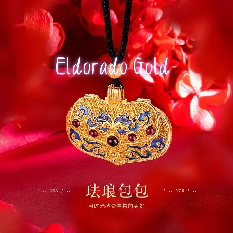 Eldorado Gold  9999 Real Gold 24K Ancient Filigree Hollow Enamel Bag Pendant Gold Ethnic Wind Filigree Burning Blue Can Be Opene